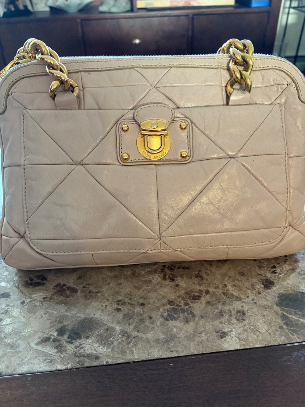 Marc Jacobs Quilted Pale Beige Leather Shoulder Bag with Gold Hardware